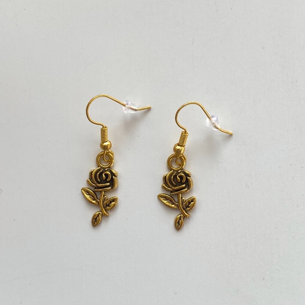 Handmade Rose Earrings GOLD PLATED STAINLESS STEEL Goth Fairy Flower Minimal